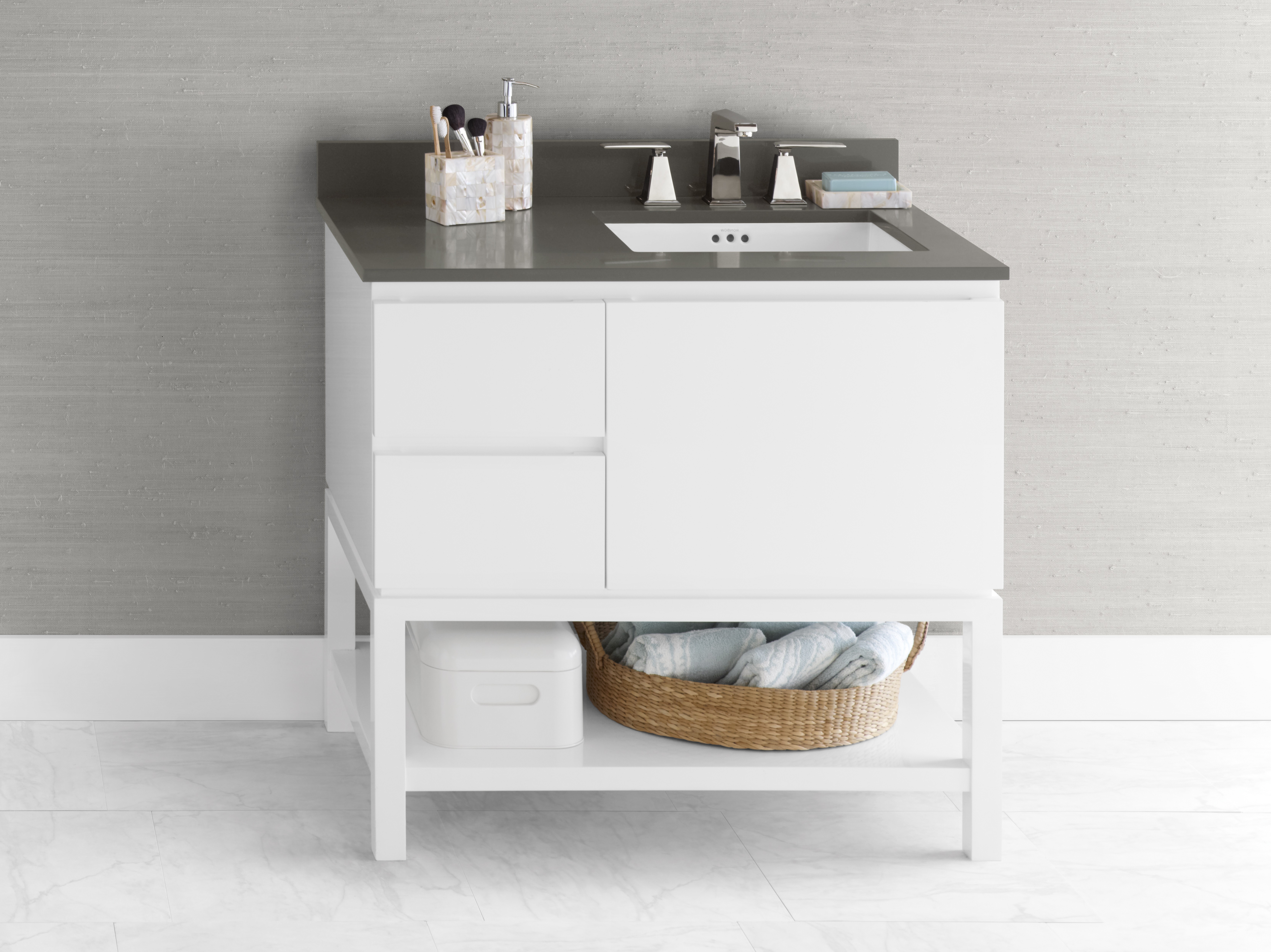 Ronbow 036036 R E23 Chloe 36 Bathroom Vanity Base Cabinet In Glossy White Large Drawer On Right 036036 R E23 Snyder Diamond
