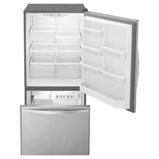 Model: WRB322DMBM | Whirlpool 33-inches wide Bottom-Freezer Refrigerator with SpillGuard™ Glass Shelves - 22 cu. ft