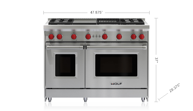 Model: GR484CG-LP | Wolf 48" Gas Range - 4 Burners, Infrared Charbroiler and Infrared Griddle