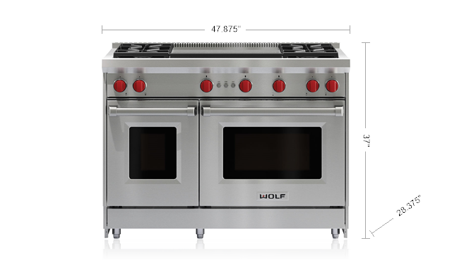 Model: GR484DG-LP | Wolf 48" Gas Range - 4 Burners and Infrared Dual Griddle