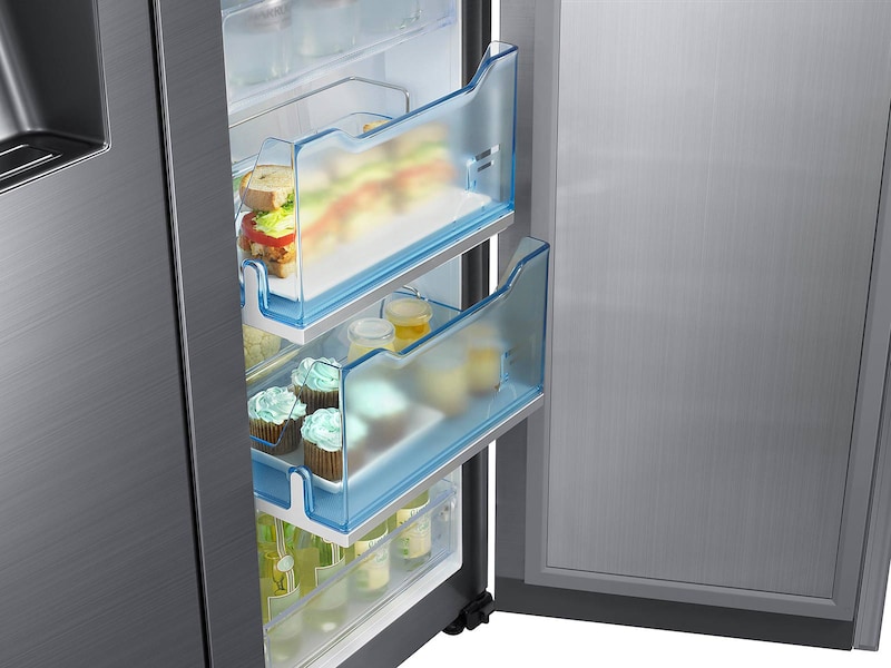 Model: RH22H9010SR | Samsung 22 cu. ft. Counter Depth Side-by-Side Food ShowCase Refrigerator with Metal Cooling 