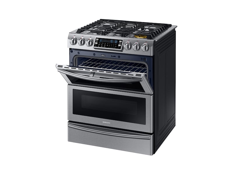 Model: NY58J9850WS | Samsung 5.8 cu. ft. Slide-in Dual Fuel Range with Flex Duo™ and Dual Door