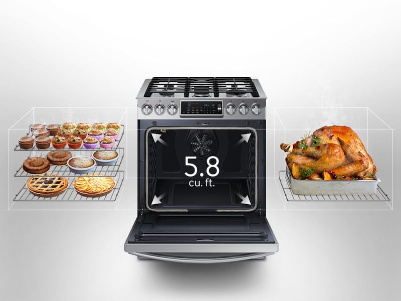 Model: NX58H9500WS-U | Samsung 5.8 cu. ft. Slide-In Gas Range with True Convection