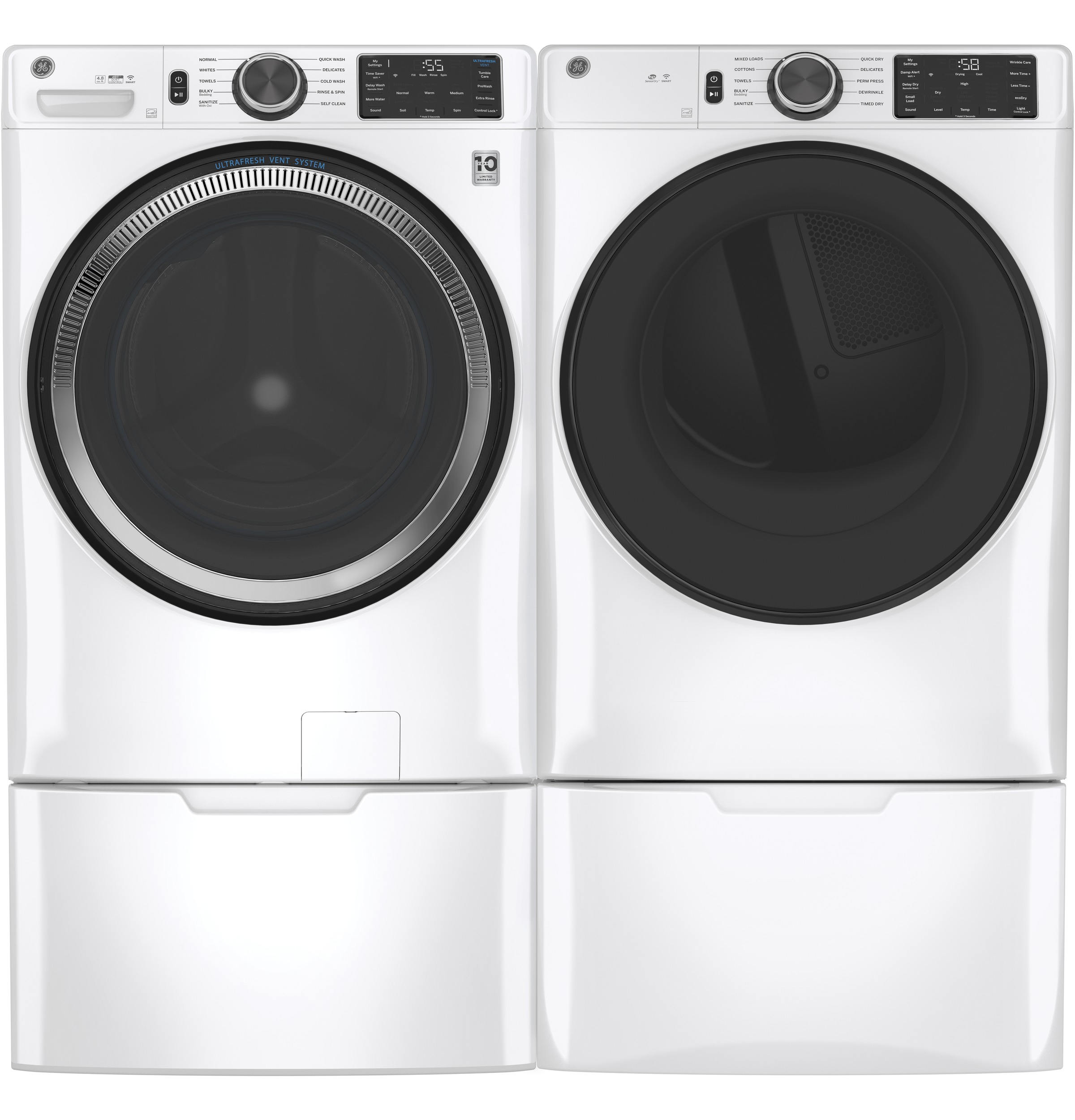 Model: GFD55ESSNWWSD | GE GE® 7.8 cu. ft. Capacity Smart Front Load Electric Dryer with Sanitize Cycle
