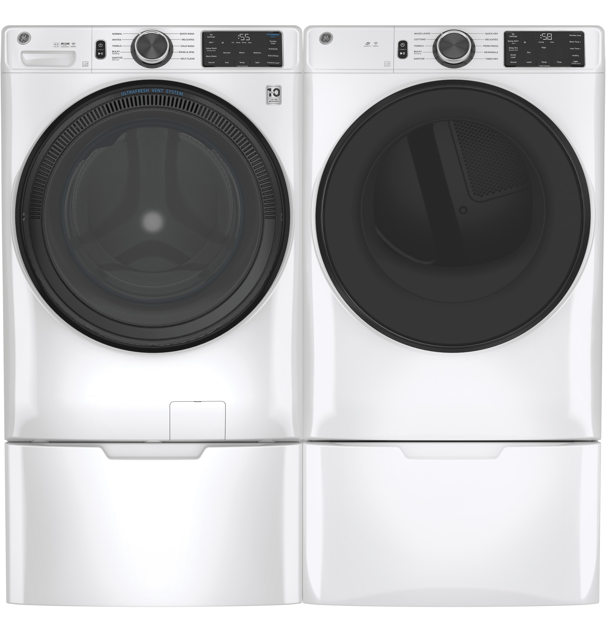Model: GFD55ESSNWWSD | GE GE® 7.8 cu. ft. Capacity Smart Front Load Electric Dryer with Sanitize Cycle