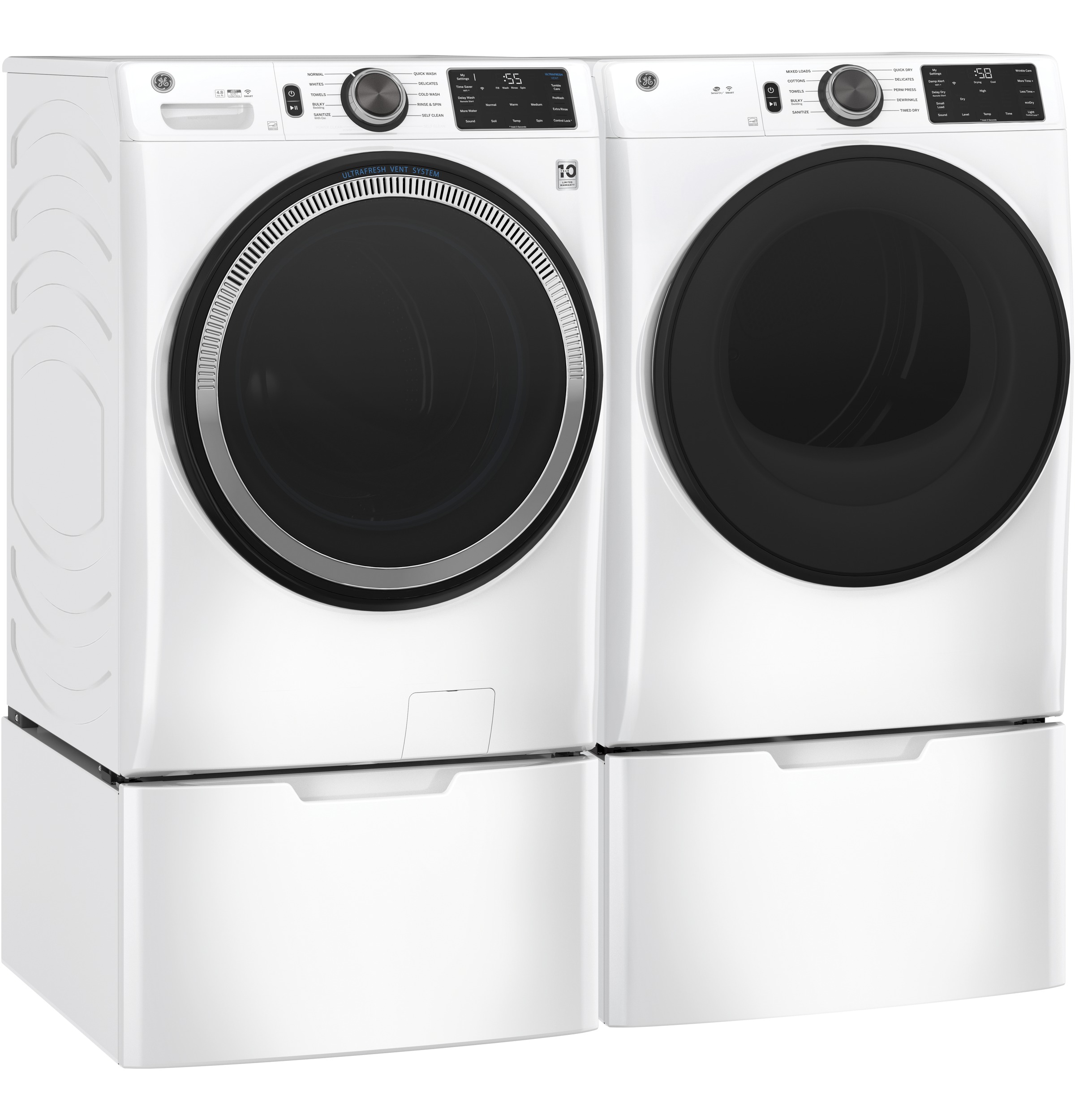 Model: GFD55ESSNWWSD | GE GE® 7.8 cu. ft. Capacity Smart Front Load Electric Dryer with Sanitize Cycle