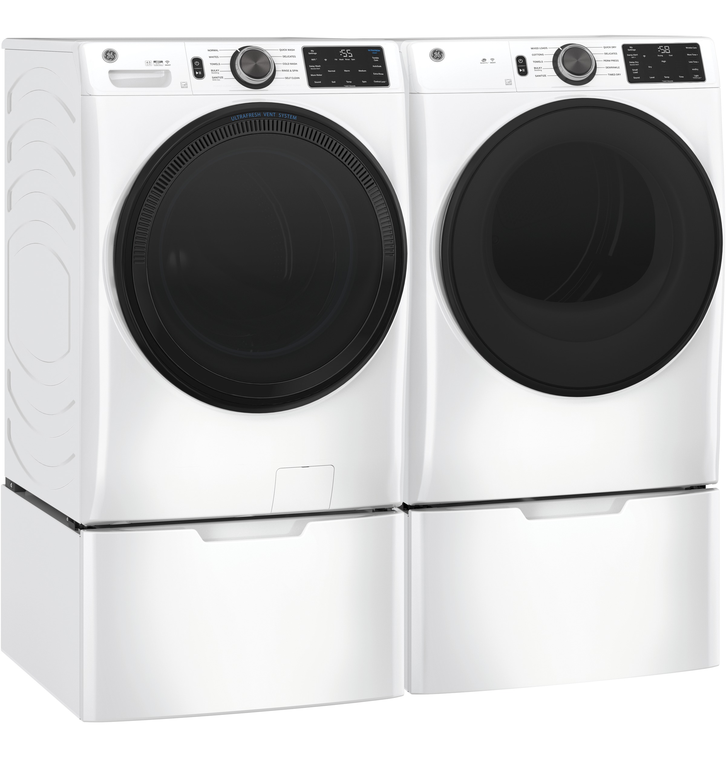 Model: GFD55ESSNWWSD | GE GE® 7.8 cu. ft. Capacity Smart Front Load Electric Dryer with Sanitize Cycle