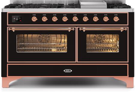 Ilve 60" Majestic II Series Freestanding Dual Fuel Double Oven Range with 8 Sealed Burners, Triple Glass Cool Door, Convection Oven, TFT Oven Control Display, Child Lock and Griddle in Glossy Black