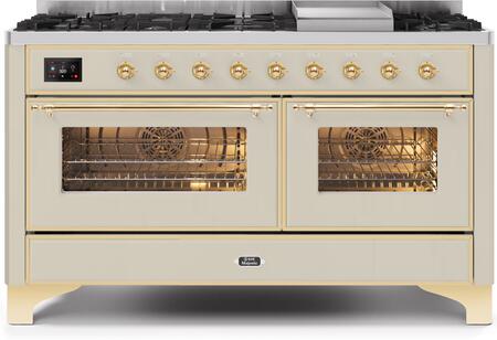 ILVE 60" Majestic II Series Freestanding Dual Fuel Double Oven Range with 8 Sealed Burners, Triple Glass Cool Door, Convection Oven, TFT Oven Control Display, Child Lock and Griddle in Antique White