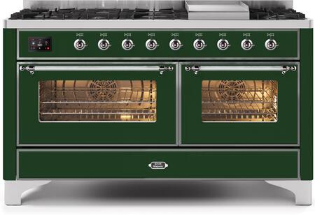 Ilve 60" Majestic II Series Freestanding Dual Fuel Double Oven Range with 8 Sealed Burners, Triple Glass Cool Door, Convection Oven, TFT Oven Control Display, Child Lock and Griddle in Emerald Green