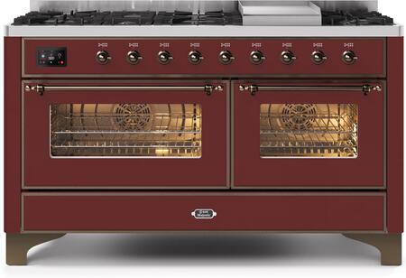 Ilve 60" Majestic II Series Freestanding Dual Fuel Double Oven Range with 8 Sealed Burners, Triple Glass Cool Door, Convection Oven, TFT Oven Control Display, Child Lock and Griddle in Burgundy