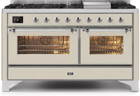 Ilve 60" Majestic II Series Freestanding Dual Fuel Double Oven Range with 8 Sealed Burners, Triple Glass Cool Door, Convection Oven, TFT Oven Control Display, Child Lock and Griddle in Antique White