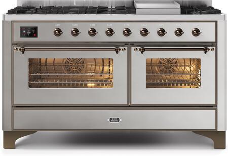 Ilve 60" Majestic II Series Freestanding Dual Fuel Double Oven Range with 8 Sealed Burners, Triple Glass Cool Door, Convection Oven, TFT Oven Control Display, Child Lock and Griddle in Stainless Steel