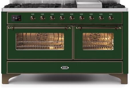 ILVE 60" Majestic II Series Freestanding Dual Fuel Double Oven Range with 8 Sealed Burners, Triple Glass Cool Door, Convection Oven, TFT Oven Control Display, Child Lock and Griddle in Emerald Green