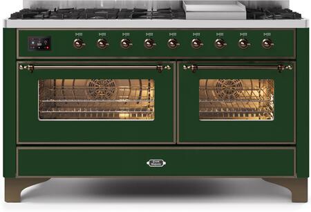 Ilve 60" Majestic II Series Freestanding Dual Fuel Double Oven Range with 8 Sealed Burners, Triple Glass Cool Door, Convection Oven, TFT Oven Control Display, Child Lock and Griddle in Emerald Green