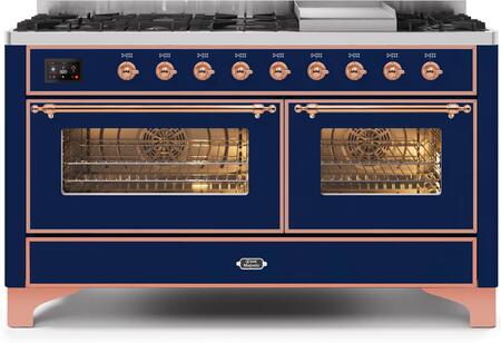 ILVE 60" Majestic II Series Freestanding Dual Fuel Double Oven Range with 8 Sealed Burners, Triple Glass Cool Door, Convection Oven, TFT Oven Control Display, Child Lock and Griddle in Midnight Blue