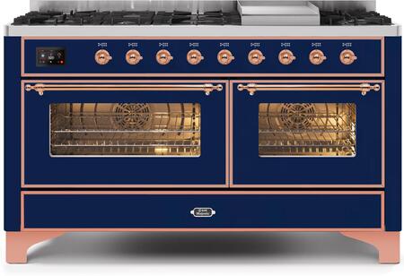 Ilve 60" Majestic II Series Freestanding Dual Fuel Double Oven Range with 8 Sealed Burners, Triple Glass Cool Door, Convection Oven, TFT Oven Control Display, Child Lock and Griddle in Midnight Blue