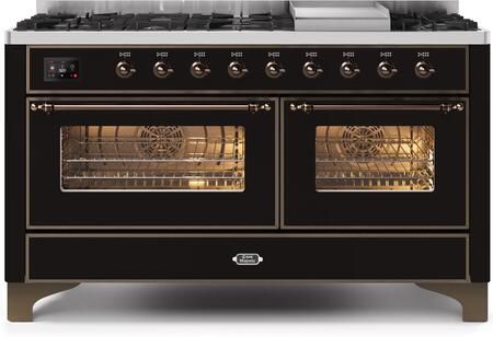 Ilve 60" Majestic II Series Freestanding Dual Fuel Double Oven Range with 8 Sealed Burners, Triple Glass Cool Door, Convection Oven, TFT Oven Control Display, Child Lock and Griddle in Glossy Black