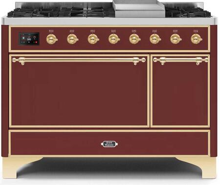 Ilve 48" Majestic II Series Freestanding Dual Fuel Double Oven Range with 8 Sealed Burners, Solid Door, Convection Oven, TFT Oven Control Display, Child Lock and Griddle in Burgundy