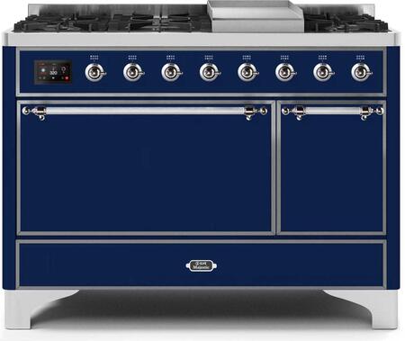 ILVE 48" Majestic II Series Freestanding Dual Fuel Double Oven Range with 8 Sealed Burners, Solid Door, Convection Oven, TFT Oven Control Display, Child Lock and Griddle in Midnight Blue