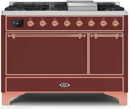 ILVE 48" Majestic II Series Freestanding Dual Fuel Double Oven Range with 8 Sealed Burners, Solid Door, Convection Oven, TFT Oven Control Display, Child Lock and Griddle in Burgundy