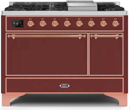 Ilve 48" Majestic II Series Freestanding Dual Fuel Double Oven Range with 8 Sealed Burners, Solid Door, Convection Oven, TFT Oven Control Display, Child Lock and Griddle in Burgundy