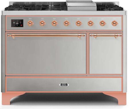 Ilve 48" Majestic II Series Freestanding Dual Fuel Double Oven Range with 8 Sealed Burners, Solid Door, Convection Oven, TFT Oven Control Display, Child Lock and Griddle in Stainless Steel