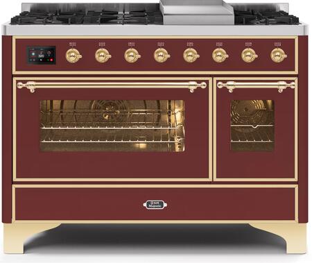 ILVE 48" Majestic II Series Freestanding Dual Fuel Double Oven Range with 8 Sealed Burners, Triple Glass Cool Door, Convection Oven, TFT Oven Control Display, Child Lock and Griddle in Burgundy