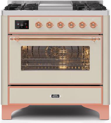 Ilve 36" Majestic II Series Freestanding Dual Fuel Single Oven Range with 6 Sealed Burners,  Triple Glass Cool Door, Convection Oven, TFT Oven Control Display, Child Lock and Griddle in Antique White