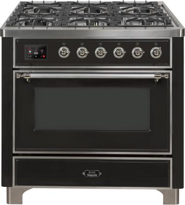 Ilve 36" Majestic II Series Freestanding Dual Fuel Single Oven Range with 6 Sealed Burners,  Triple Glass Cool Door, Convection Oven, TFT Oven Control Display, Child Lock and Griddle in Matte Graphite