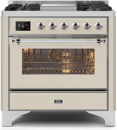 Ilve 36" Majestic II Series Freestanding Dual Fuel Single Oven Range with 6 Sealed Burners,  Triple Glass Cool Door, Convection Oven, TFT Oven Control Display, Child Lock and Griddle in Antique White