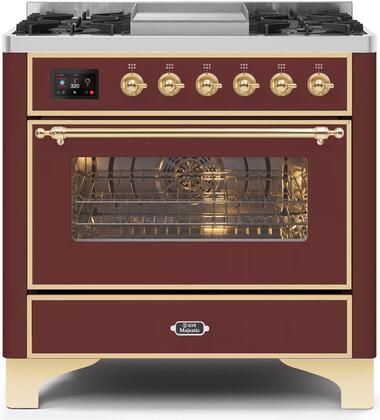 Ilve 36" Majestic II Series Freestanding Dual Fuel Single Oven Range with 6 Sealed Burners,  Triple Glass Cool Door, Convection Oven, TFT Oven Control Display, Child Lock and Griddle in Burgundy