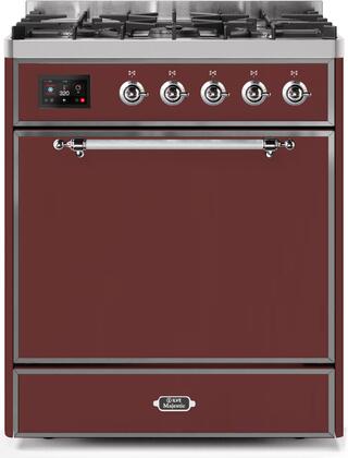 Model: UM30DQNE3BUCLP | ILVE 30" Majestic II Series Freestanding Dual Fuel Single Oven Range with 5 Sealed Burners,  Solid Door, Convection Oven, TFT Oven Control Display and Child Lock in Burgundy