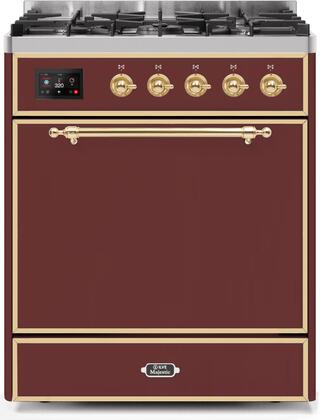 ILVE 30" Majestic II Series Freestanding Dual Fuel Single Oven Range with 5 Sealed Burners,  Solid Door, Convection Oven, TFT Oven Control Display and Child Lock in Burgundy