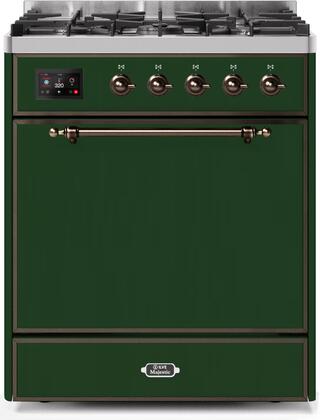 ILVE 30" Majestic II Series Freestanding Dual Fuel Single Oven Range with 5 Sealed Burners,  Solid Door, Convection Oven, TFT Oven Control Display and Child Lock in Emerald Green