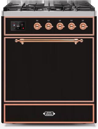 Model: UM30DQNE3BKPLP | ILVE 30" Majestic II Series Freestanding Dual Fuel Single Oven Range with 5 Sealed Burners,  Solid Door, Convection Oven, TFT Oven Control Display and Child Lock in Glossy Black