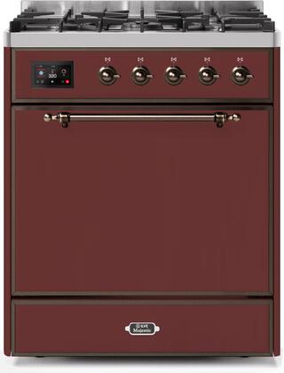 ILVE 30" Majestic II Series Freestanding Dual Fuel Single Oven Range with 5 Sealed Burners,  Solid Door, Convection Oven, TFT Oven Control Display and Child Lock in Burgundy