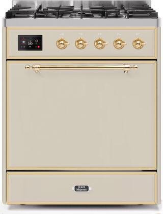Model: UM30DQNE3AWGLP | ILVE 30" Majestic II Series Freestanding Dual Fuel Single Oven Range with 5 Sealed Burners,  Solid Door, Convection Oven, TFT Oven Control Display and Child Lock in Antique White