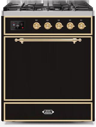 ILVE 30" Majestic II Series Freestanding Dual Fuel Single Oven Range with 5 Sealed Burners,  Solid Door, Convection Oven, TFT Oven Control Display and Child Lock in Glossy Black