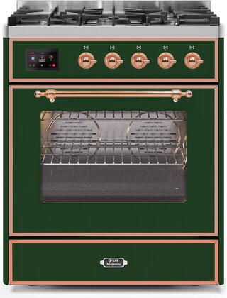 ILVE 30" Majestic II Series Freestanding Dual Fuel Single Oven Range with 5 Sealed Burners,  Triple Glass Cool Door, Convection Oven, TFT Oven Control Display and Child Lock in Emerald Green