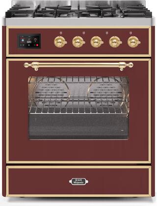 Model: UM30DNE3BUGLP | ILVE 30" Majestic II Series Freestanding Dual Fuel Single Oven Range with 5 Sealed Burners,  Triple Glass Cool Door, Convection Oven, TFT Oven Control Display and Child Lock in Burgundy
