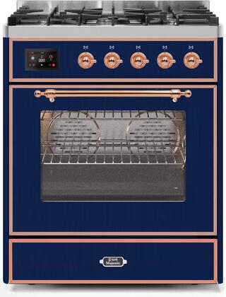 Model: UM30DNE3MBPLP | ILVE 30" Majestic II Series Freestanding Dual Fuel Single Oven Range with 5 Sealed Burners,  Triple Glass Cool Door, Convection Oven, TFT Oven Control Display and Child Lock in Midnight Blue