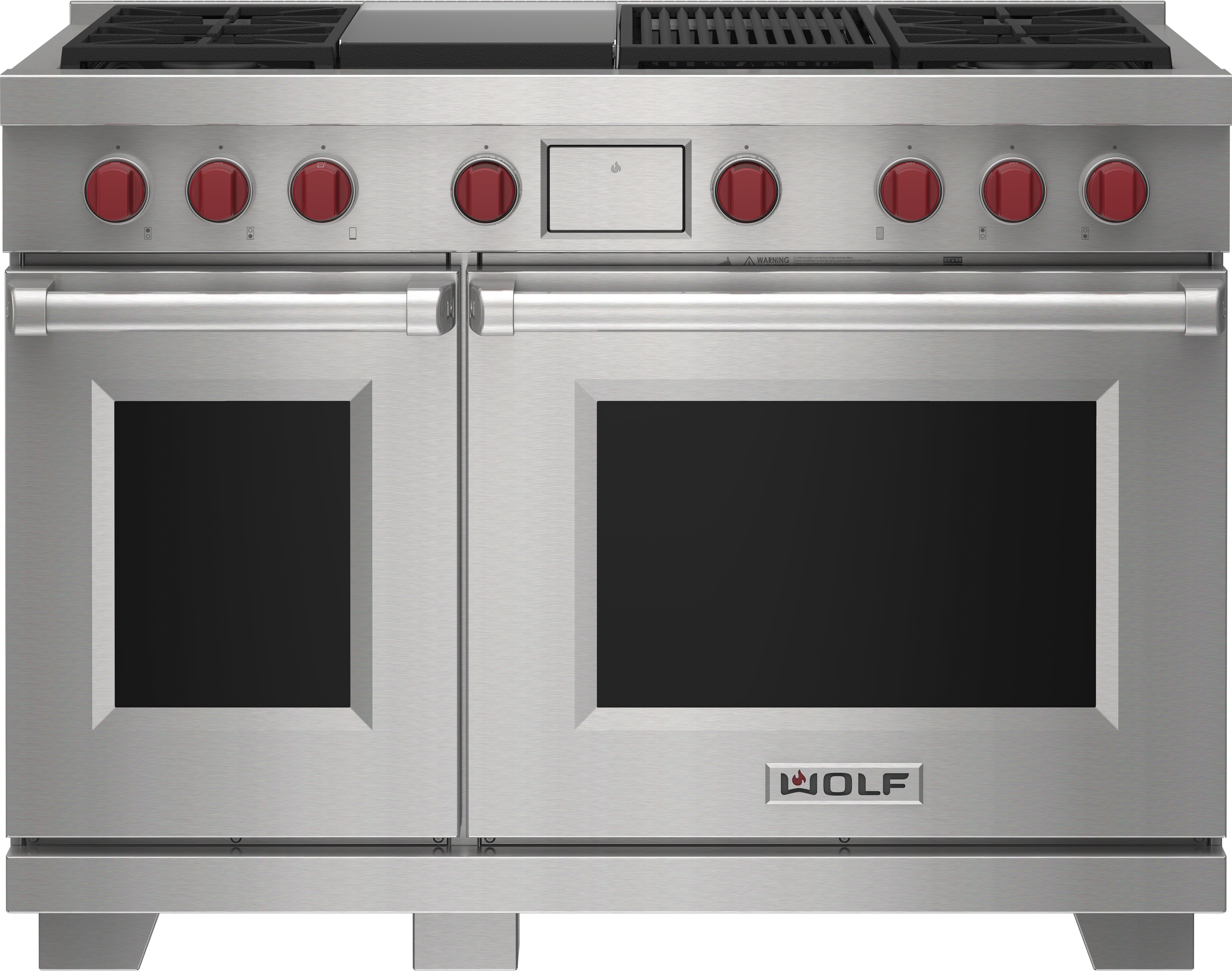 Model: DF48450CG/S/P/LP | Wolf 48" Dual Fuel Range - 4 Burners, Infrared Charbroiler and Infrared Griddle