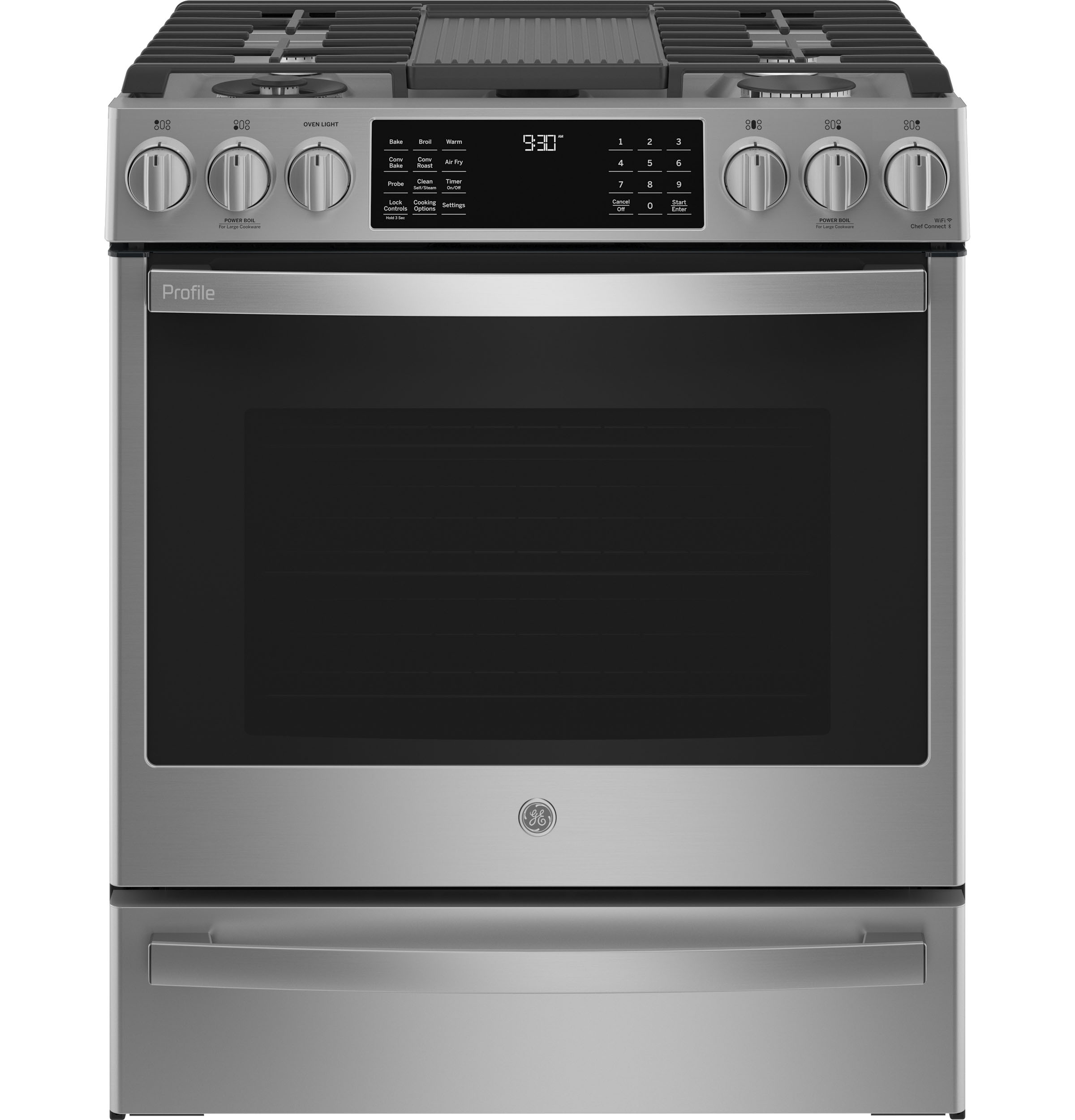 Model: PGS930YPFS | GE Profile GE Profile™ 30" Smart Slide-In Front-Control Gas Fingerprint Resistant Range with No Preheat Air Fry