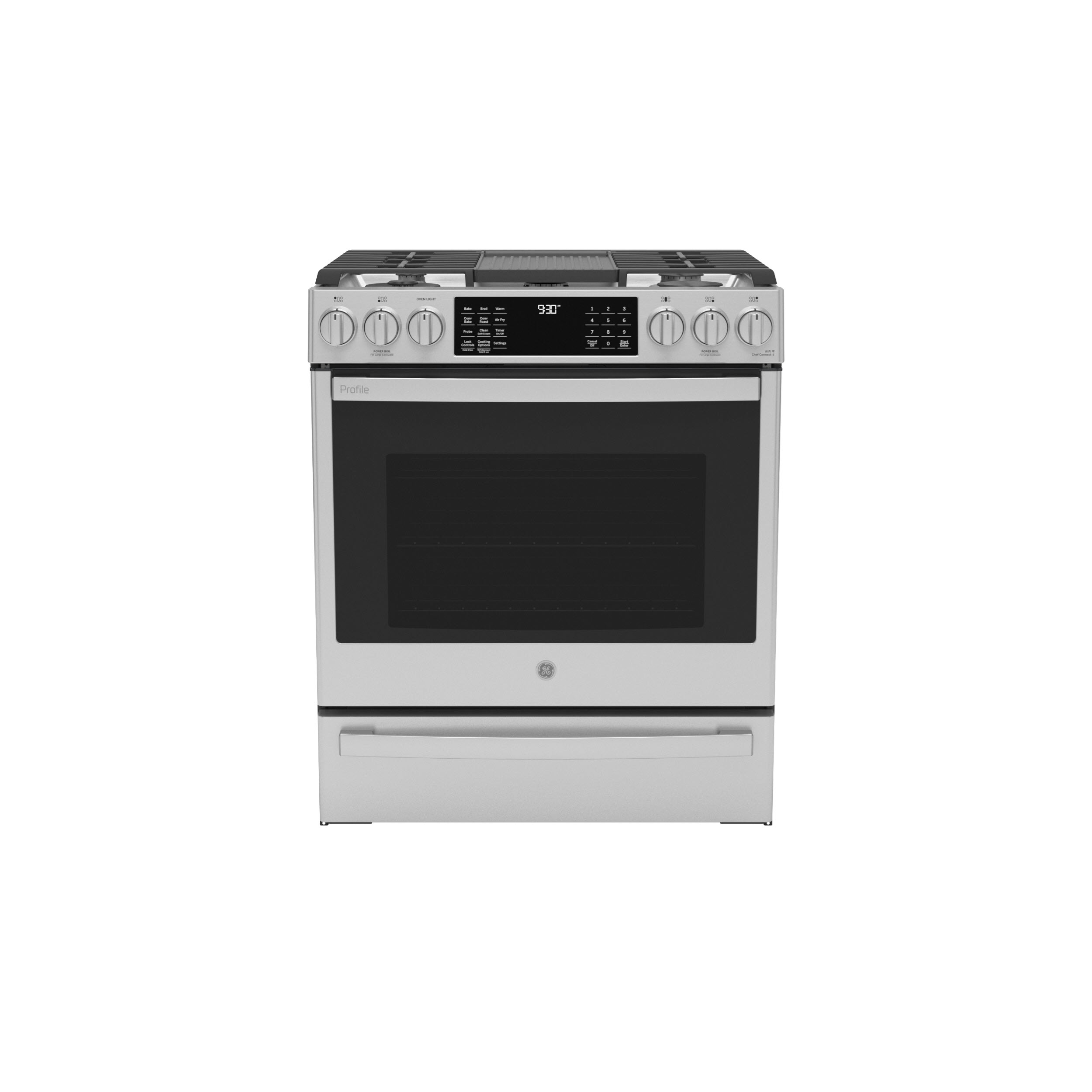 GE Profile 30-Inch 5 Burner 5.6 Cu Ft Self-Cleaning Air Fryer Convection  Oven Slide-In Gas Range PGS930YPFS