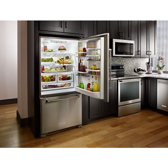 Kitchenaid Krbr102ess 22 Cu Ft 33 Inch Width Full Depth Non Dispense Bottom Mount Refrigerator Krbr102ess Appliance Direct