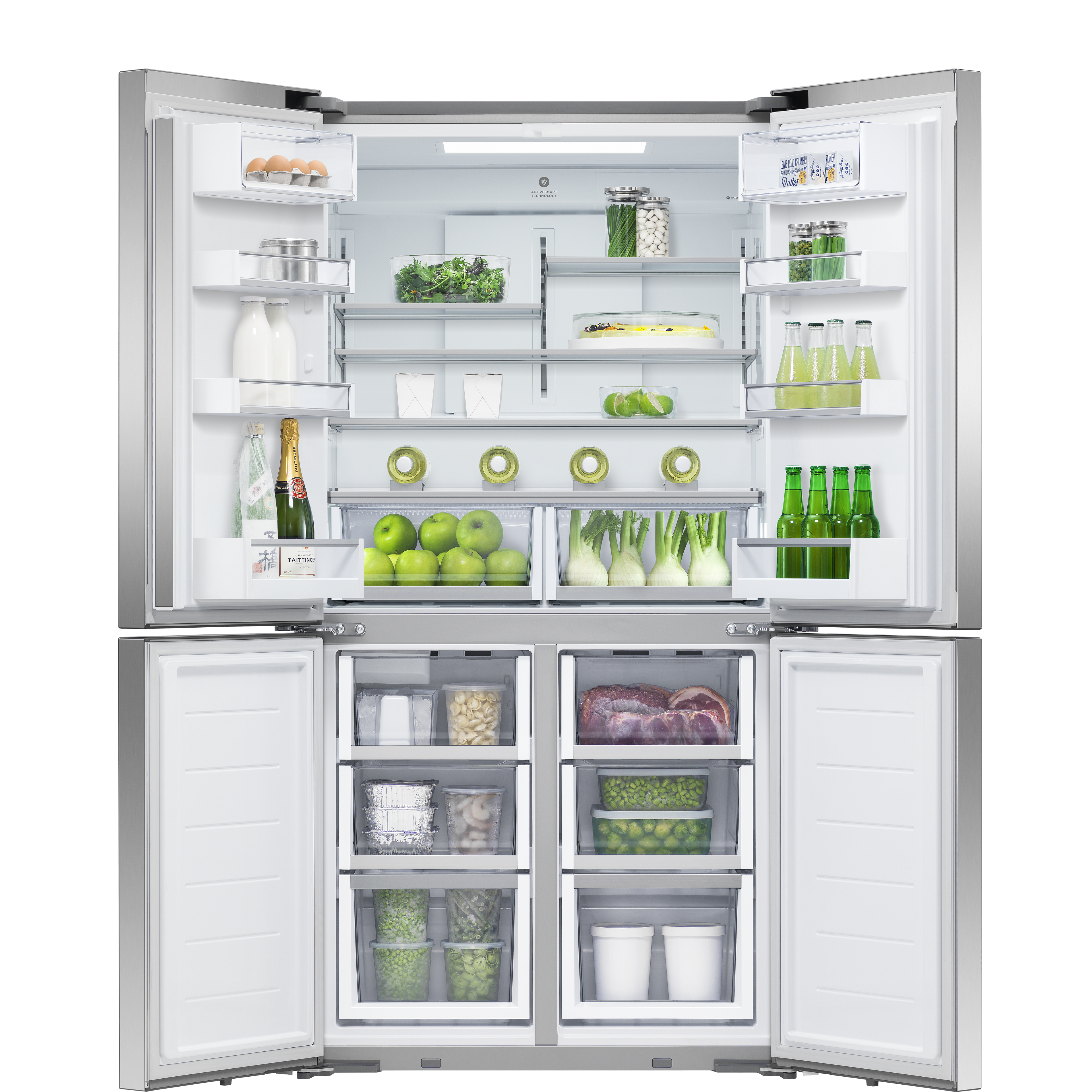 Fisher and Paykel Freestanding Quad Door Refrigerator Freezer, 36", 18.9 cu ft, Ice & Water