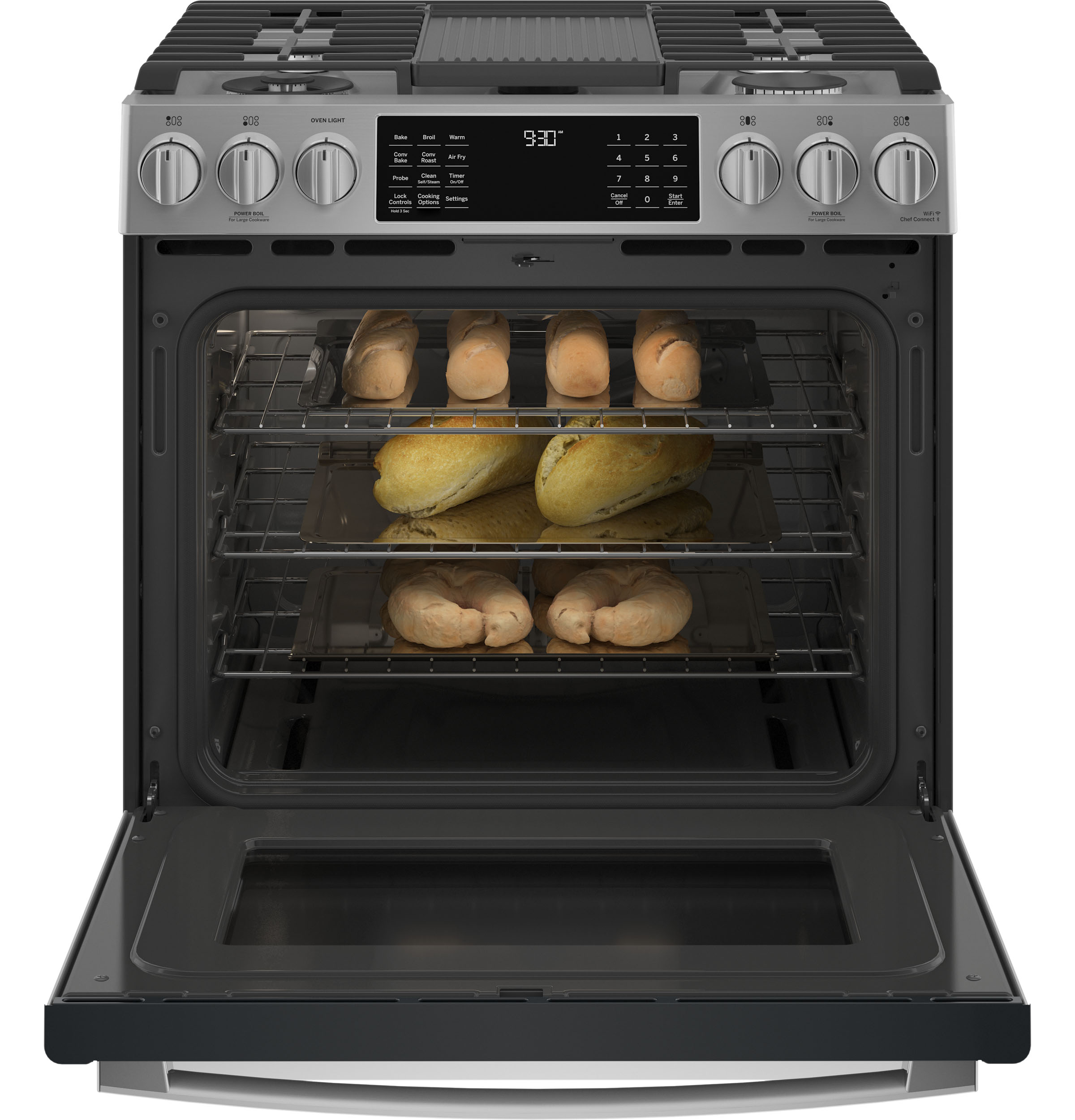 Model: PGS930YPFS | GE Profile GE Profile™ 30" Smart Slide-In Front-Control Gas Fingerprint Resistant Range with No Preheat Air Fry