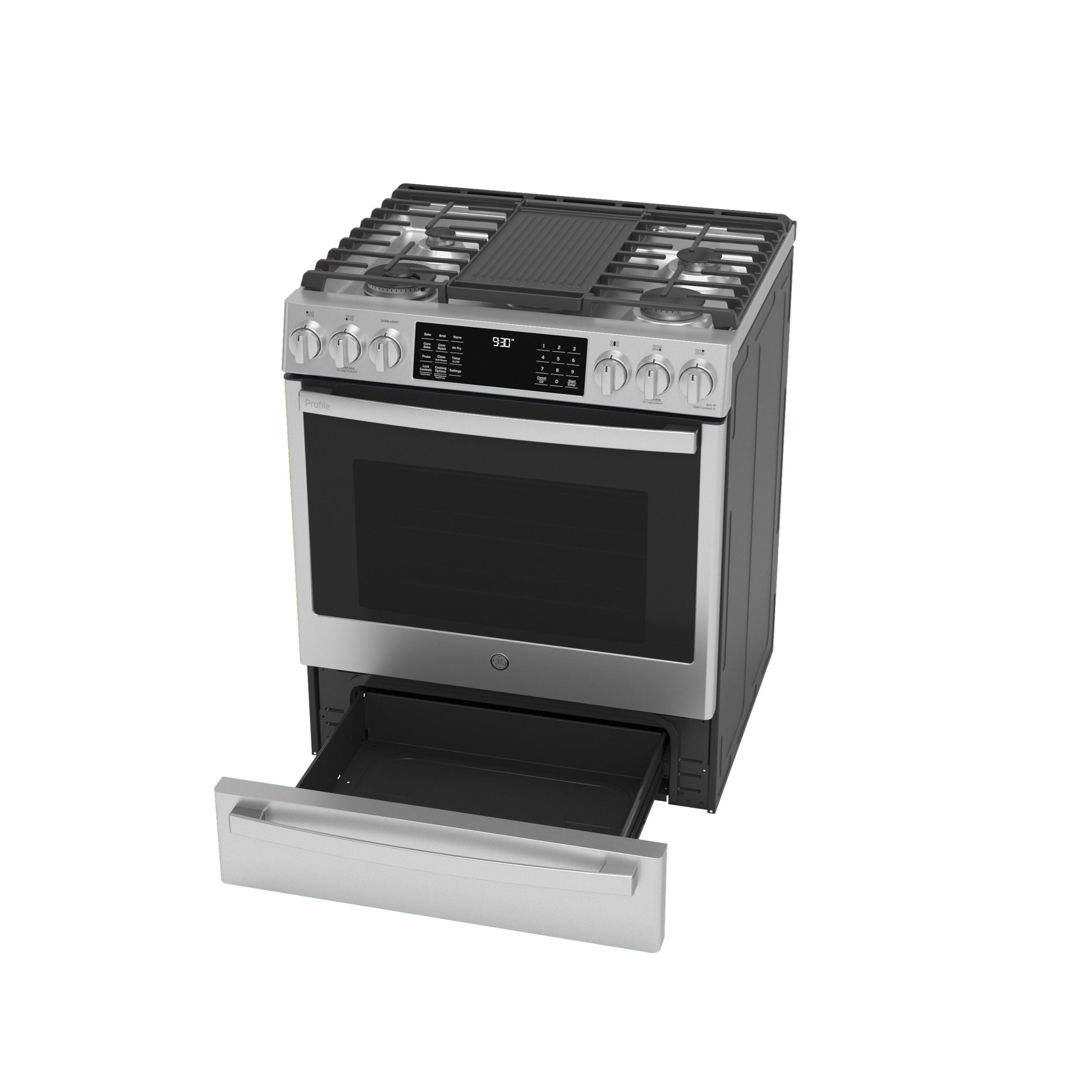Model: PGS930YPFS | GE Profile GE Profile™ 30" Smart Slide-In Front-Control Gas Fingerprint Resistant Range with No Preheat Air Fry