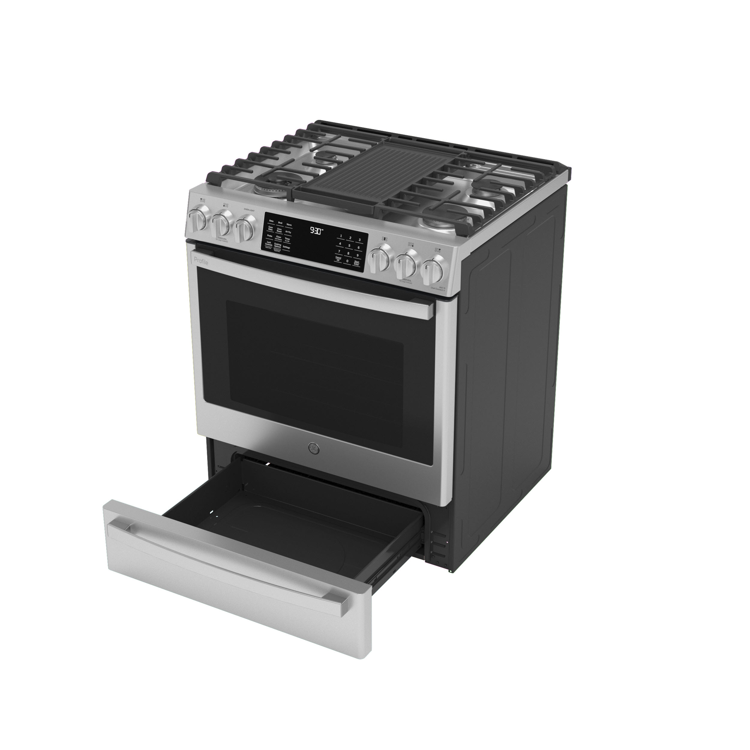 Model: PGS930YPFS | GE Profile GE Profile™ 30" Smart Slide-In Front-Control Gas Fingerprint Resistant Range with No Preheat Air Fry